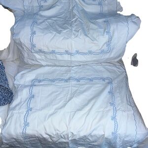 Schweitzer Linens Italy blue white ribbon bow embroidered scallop TWO Euro Shams